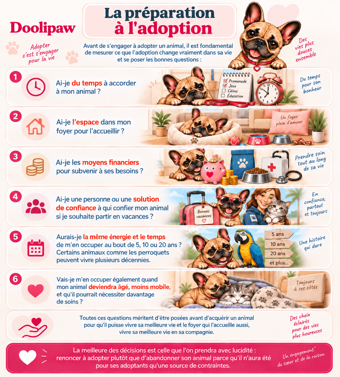 La préparation à l'adoption — Doolipaw. Avant de s'engager à adopter un animal, il est fondamental de mesurer ce que l'adoption change vraiment dans sa vie et se poser les bonnes questions : 1. Ai-je du temps à accorder à mon animal ? 2. Ai-je l'espace dans mon foyer pour l'accueillir ? 3. Ai-je les moyens financiers pour subvenir à ses besoins ? 4. Ai-je une personne ou une solution de confiance à qui confier mon animal si je souhaite partir en vacances ? 5. Aurais-je la même énergie et le temps de m'en occuper au bout de 5, 10 ou 20 ans ? Certains animaux comme les perroquets peuvent vivre plusieurs décennies. 6. Vais-je m'en occuper également quand mon animal deviendra âgé, moins mobile, et qu'il pourrait nécessiter davantage de soins ? Toutes ces questions méritent d'être posées avant d'acquérir un animal pour qu'il puisse vivre sa meilleure vie et le foyer qui l'accueille aussi, vivre sa meilleure vie en sa compagnie. La meilleure des décisions est celle que l'on prendra avec lucidité : renoncer à adopter plutôt que d'abandonner son animal parce qu'il n'aura été pour ses adoptants qu'une source de contraintes.